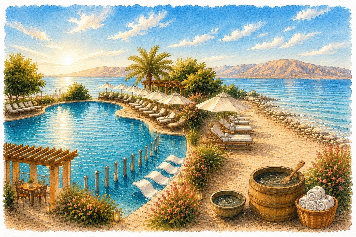 A watercolor illustration of a resort pool beside the Dead Sea at midday, with loungers, umbrellas and mountains beyond