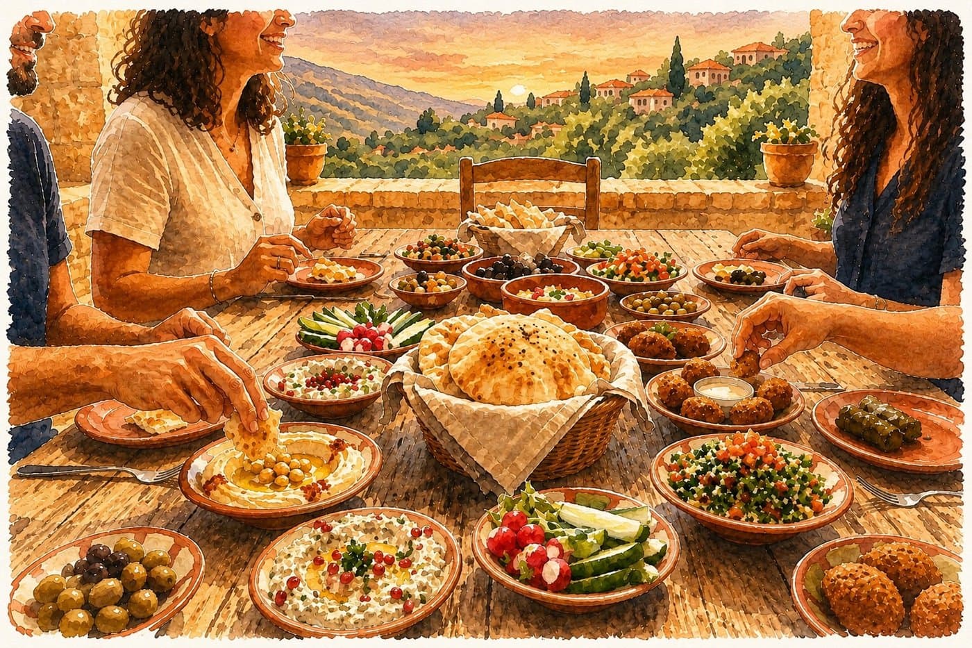 A watercolor illustration of a shared mezze spread — hummus, olives, falafel and fresh bread — with a sunlit hillside village beyond