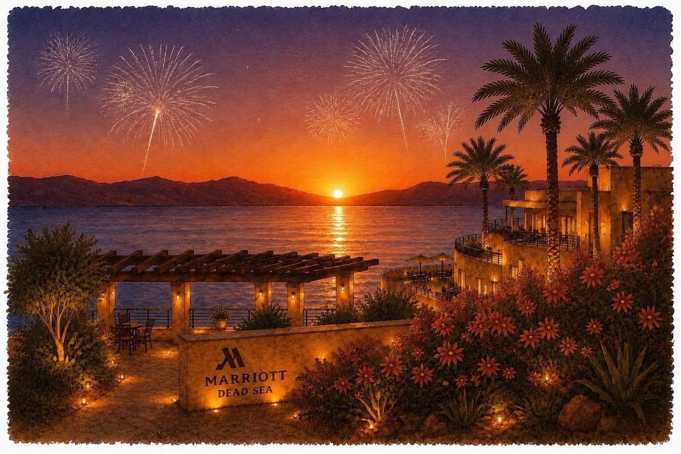 A watercolor illustration of fireworks over the Dead Sea at sunset beside the Marriott Dead Sea resort
