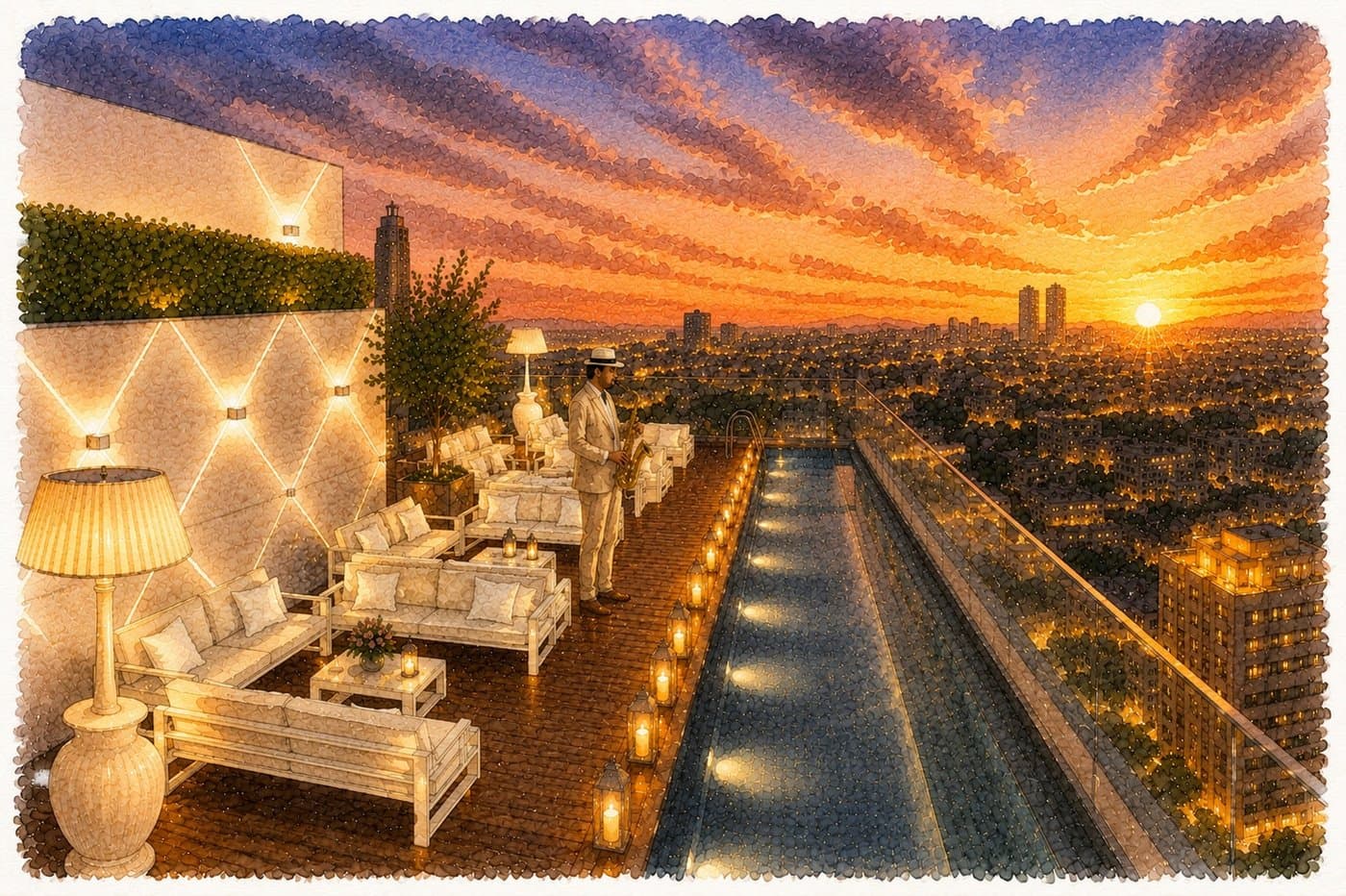 A watercolor illustration of a rooftop terrace at sunset, with a saxophonist playing beside a glowing infinity pool overlooking the city