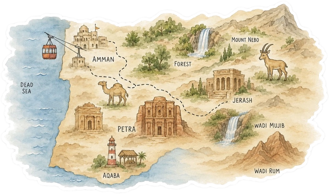 An illustrated map of Jordan showing Amman, Petra, the Dead Sea, and other places to visit
