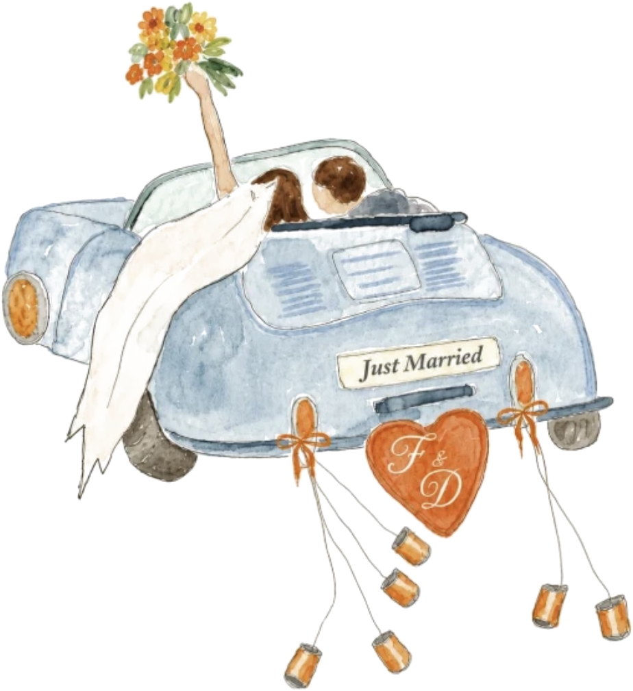 An illustrated newlywed couple driving off in a car with a Just Married sign