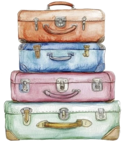 An illustrated stack of colourful vintage suitcases