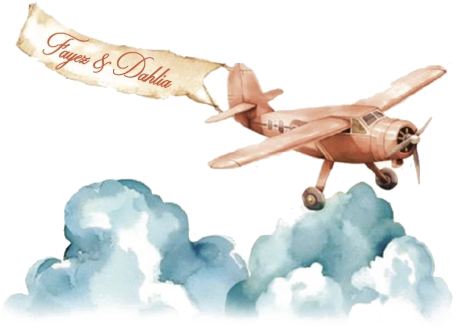 An illustrated plane trailing a banner reading Fayez and Dahlia, above the clouds